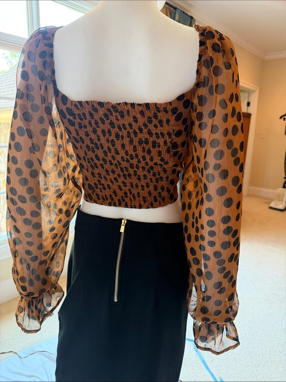 Free People Amber and Black Polka Dot Ruched Long-Sleeve Crop Top
